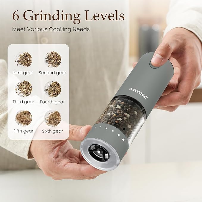 Newise Electric Salt and Pepper Grinder Set, Rechargeable with LED Lights, Automatic Pepper & Salt Mill, Adjustable Coarseness, Large Capacity, Grey