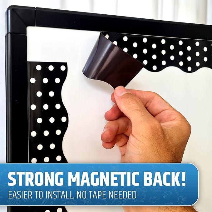 Strong & Wide Magnetic Borders for Classroom Whiteboard - Visible Magnetic Strips for Teachers (4 Designs Available) | Wavy Polka Dot - Black | 12 Strips of 24X1.75 Inch - 24 Feet Total