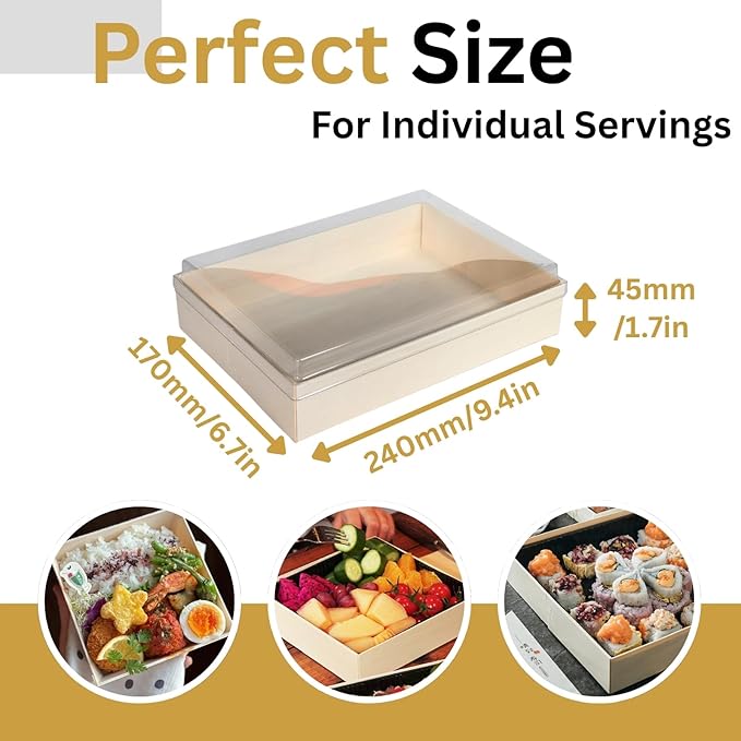 Disposable Wooden Bento Food Containers, Rectangular Takeout Bento Boxes with Lids, 25pcs Oil-Proof & SpillProof Popular To Go Containers for Parties [9.4"x6.9"x2.3"]