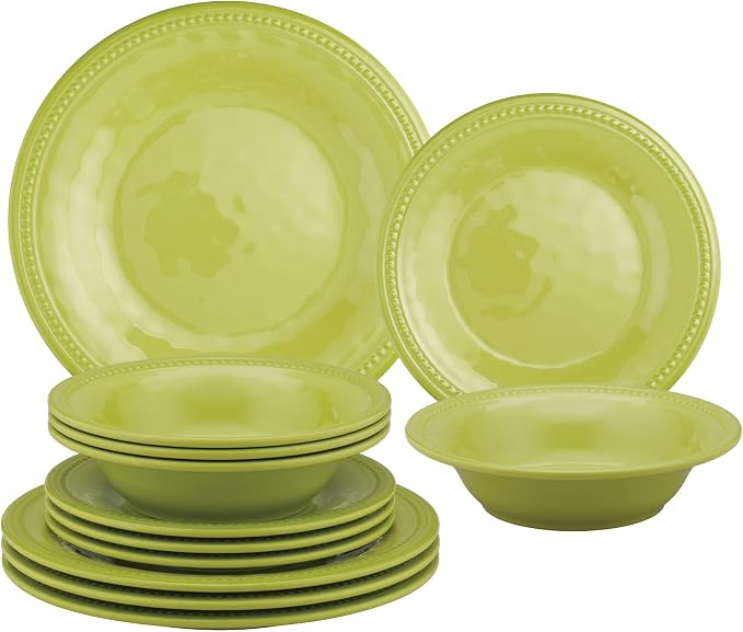 UPware 12 Piece Beaded Melamine Dinnerware Sets, Outdoor Dishes Set, Plates and Bowls Sets, Service for 4, Green