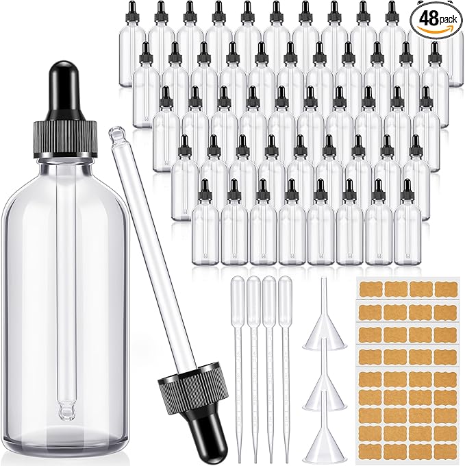 Lallisa 48 Pack Essential Oil Dropper Bottle Glass Dropper Bottles DIY for DIY essential Oil Perfume with Funnels Pipettes Labels for Bathrooms, Hotels, Labs (120 Ml,4 oz,Clear)