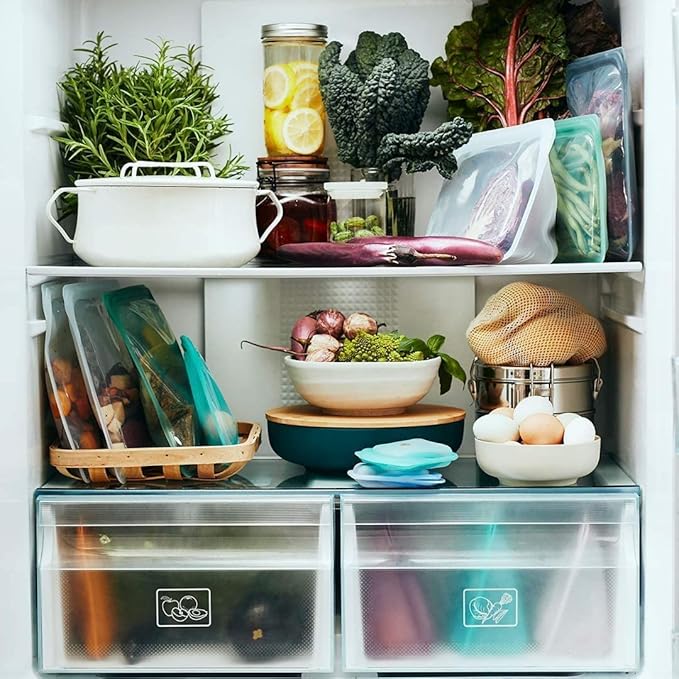 Stasher Reusable Silicone Storage Bags, Food Storage Containers, Microwave and Dishwasher Safe, Leak-free, Stand Up - Mid (Aqua) and Sandwich (Aqua)
