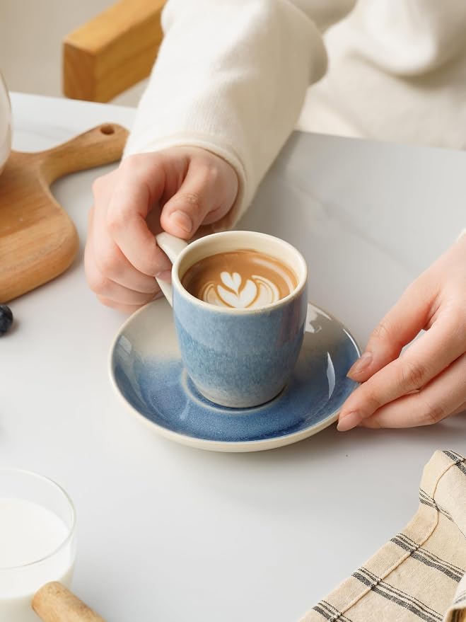 famiware Glacier Espresso Cups with Saucers Set of 4, 3oz Espresso Cup Set, Coffee Mug Set for Latte, Macchiato, Stoneware Demitasse Cups Set for Cafe, Microwave&Dishwasher Safe, Azure Blue