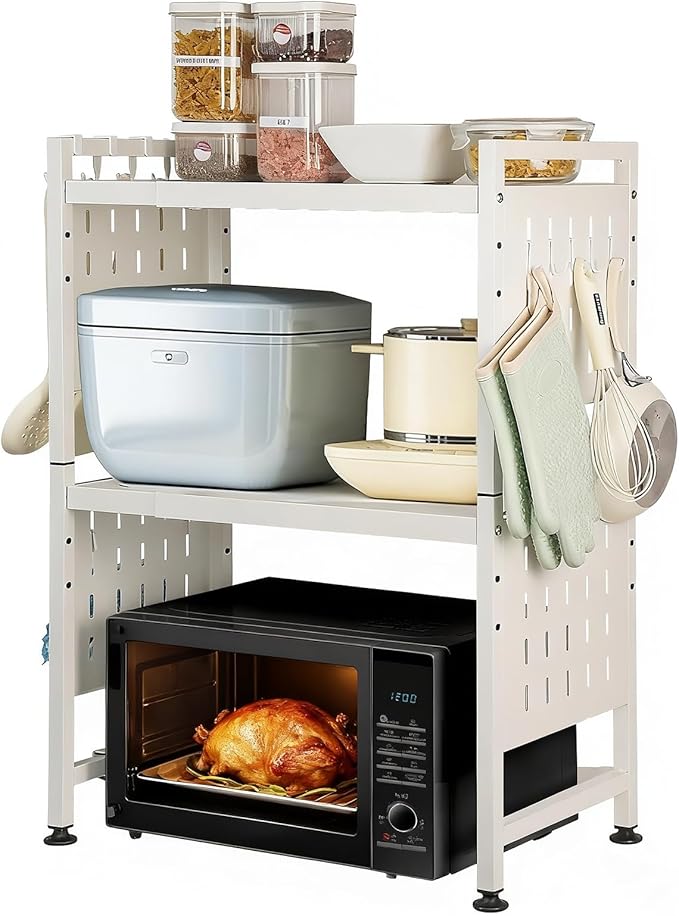 Expandable Microwave Stand Countertop, 3 Tier Heavy Duty Over Microwave Shelf Countertop with 4 Hooks, Height Adjustable Metal Microwave Oven Rack Shelf for Kitchen Tabletop,Holds 160lb,White
