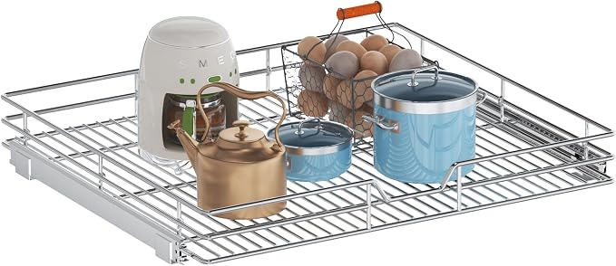 Pull Out Cabinet Organizer, 31.5" W x 21.5" D, Heavy Duty Chrome Slide Out Shelf for Wide Base Cabinets, Sliding Wire Basket Drawer for Pots, Pans, Appliances & Pantry Storage