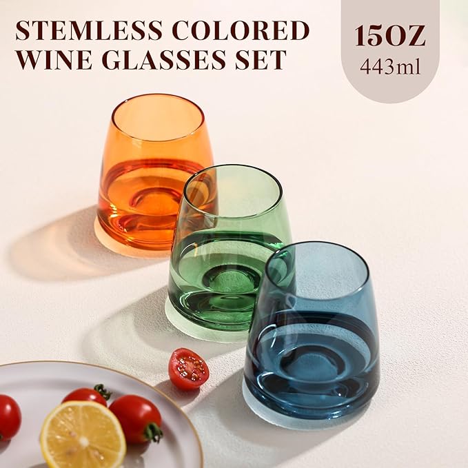 Colored Stemless Wine Glasses Set of 6-15 oz Hand-Blown Crystal Colored Glassware, Multicolor Glassware for Lovers, Wedding, Birthday, Christmas, Housewarming Gifts for Women