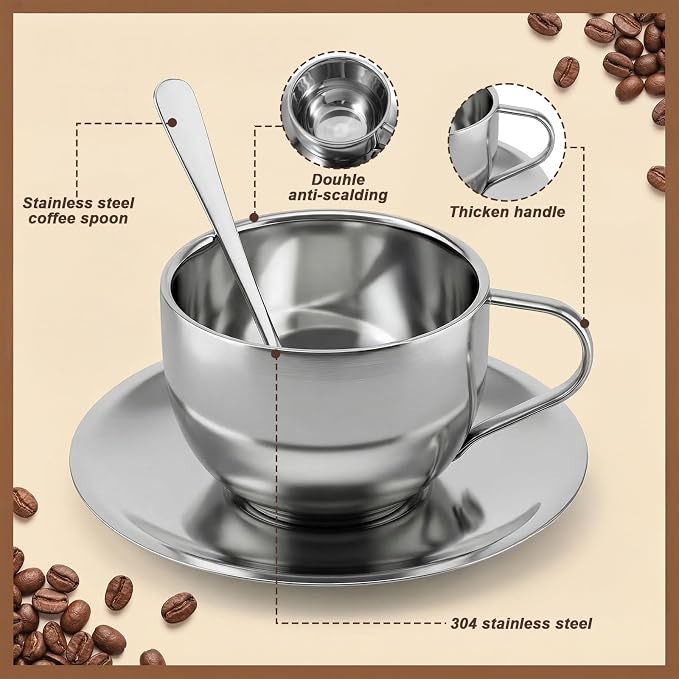 4 Pack Stainless Steel Coffee Cup Set, 6 Oz Coffee Mugs with Spoon and Saucer Insulated Espresso Cup Double Walled Silver Tea Set for Latte Milk, Cappuccino
