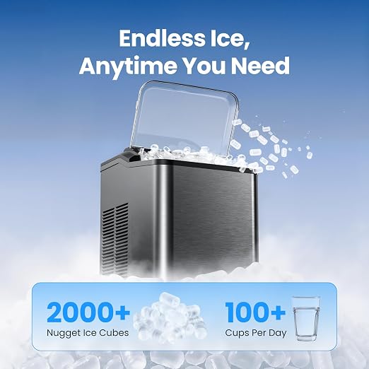 VIBOFROST Nugget Ice Maker Countertop, Fast 35lbs/24H Sonic Pebble Ice Machine, Self-Cleaning Anti-Scale System, Stainless Steel Portable Ice Maker for Home, Kitchen, RV, 10 Cleaning Packets