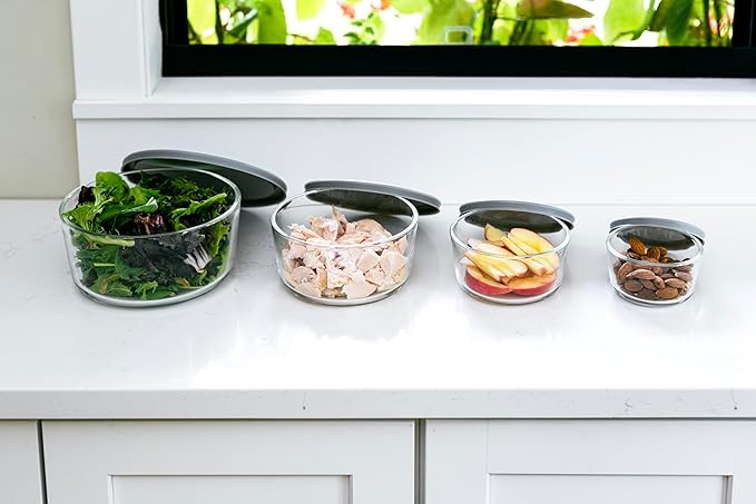DURA LIVING 16-Piece Glass Food Storage Containers Set (8 Containers + 8 Lids) | Round, Nesting, Microwave & Dishwasher Safe | BPA-Free, Space-Saving | Color Lids for Pantry & Kitchen Organization