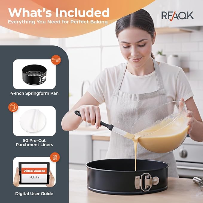 RFAQK 4 Inch Mini Cheesecake Pans Leakproof, 4pcs Small Nonstick Springform Pans with Removable Bottom, Includes 50pcs Parchment Papers, E-Book, Perfect for Baking Mini Cakes, Pizzas, Quiches & More!