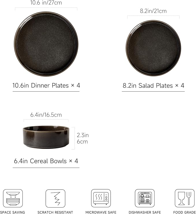 Dinnerware Sets for 4, ceramics Plates and Bowls Set, 12-Piece Modern Stoneware Dinnerware – Chip Resistant, Non-Toxic, Dishwasher and Microwave Safe Tableware, Black
