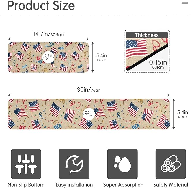 Kitchen Sink Splash Guard 2 PCS 30 Inch Sink Faucet Mat Splash Guard for Bathroom Countertop Water Absorbent Foldable Cuttable Soft Washable Brown Patriotic American Flags