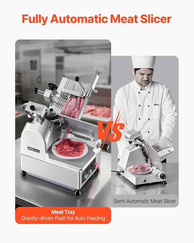 VEVOR Automatic Meat Slicer, 180W + 370W Deli Slicer with a 12 inch Premium 65Mn Blade, 0-0.3 inch Adjustable Thickness, Electric Food Slicer Machine for Meat, Vegetables, Hard Bread, and Cheese