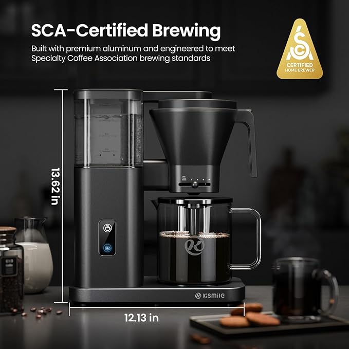 Kismile SCA-Certified 8 Cup Drip Coffee Maker, Pour Over Coffee Machine with 3s Instant Heat 197–205℉, Adjustable Flow Control, Removable Water Tank, Deep Cold Brew & 40 Min Keep Warm (Dark Grey)