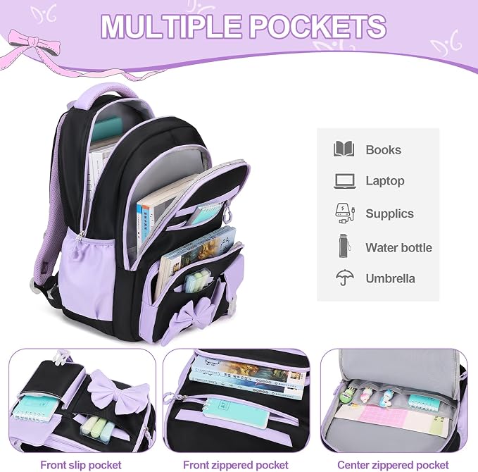 DIGOBAY Girls Backpack - Includes 14oz Insulated Water Bottle, Girls School Backpack Set with Lunch Bag & Pencil Case Teens for School (Black-Purple)