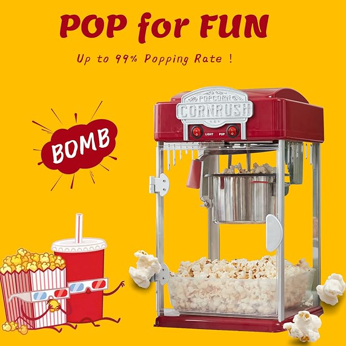 Popcorn Popper Machine-4 OZ Vintage Professional Popcorn Maker Theater Style with Nonstick Kettle Warming Light and Serving Scoop. (Red)