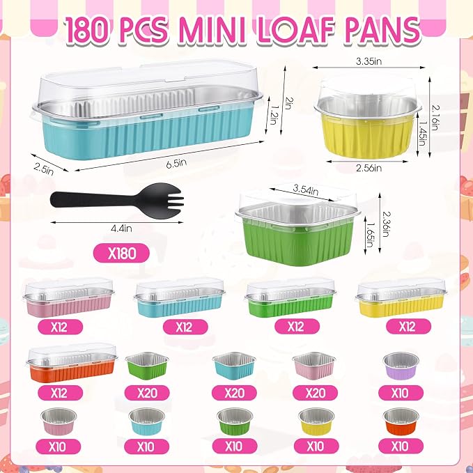 Blushtier 180 Set/360 Pcs Mini Loaf Pans with Lids and Spoons Disposable Mini Cake Pans, 6.8, 5, 4.2 oz Square Rectangle Round Aluminum Foil Cupcake Baking Cups Dessert Liners Tins for Desserts