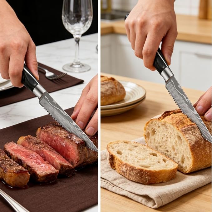 6-Piece Premium Japanese Kitchen Knife Set - Star Collection, Laser Damascus Pattern, 440A Stainless Steel Ultra Sharp for Fast Cutting (Black 6SK)