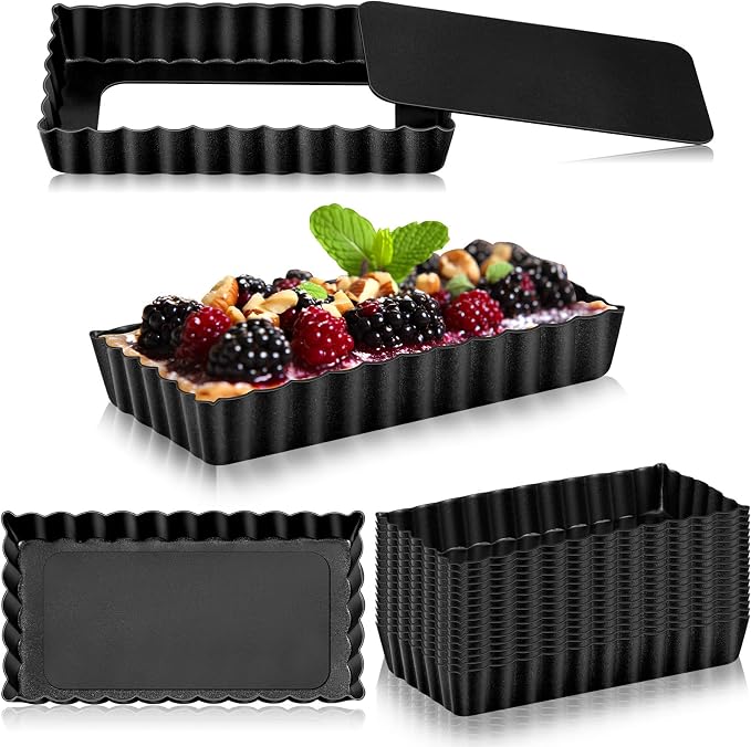 Tessco for You 16 Pcs Mini Tart Pans for Baking, 4.3 x 2.4 Inch Quiche Pans with Removable Bottom, Nonstick Egg Tart Molds Fluted Side Bakeware for Pie Fruit Tarts Cheesecake Dessert (Black Rectangle)