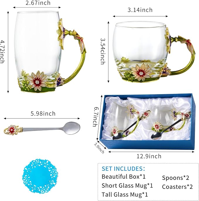 Glass Fancy Tea Cup Set Birthday Christmas Valentine's Day Gift Idea for Tea Lover and Women Novelty Coffee Mugs Rose Flower Enamel Glass Mug with Spoon Set