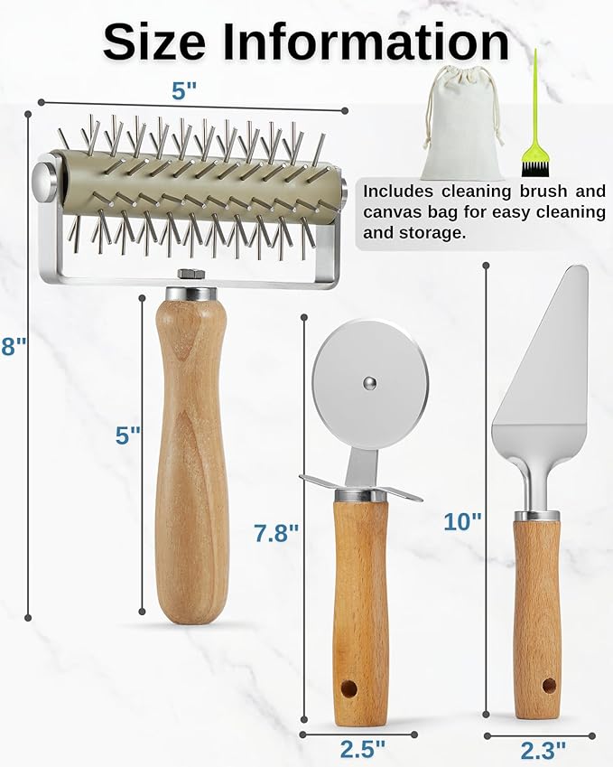 Pizza Dough Docker Roller with Stainless Steel Spikes, Pizza Wheel & Pie Server, Cleaning Brush and Canvas Bag – Perfect for Homemade Pizza, Pie & Pastry