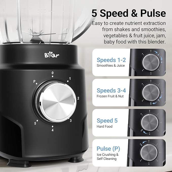Bear 800W 6-Speed Blender, Smoothie Blender for Kitchen with 50oz(1.5L) BPA-Free Cup/Suction Feet/Feeding Hole/10 blades, Countertop Blender for Smoothies, Crush Ice, Frozen Fruit, Juice and Puree