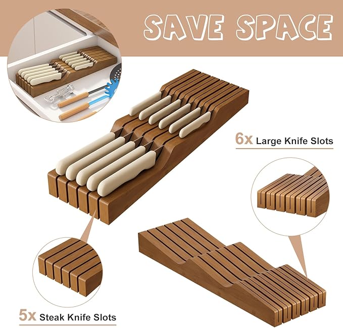 In-Drawer Knife Block Organizer - Bamboo Wood Drawer Knife Organizer-Protecting Knife Organizer Block (Not Included) (Brown, 11 Knives Dock)
