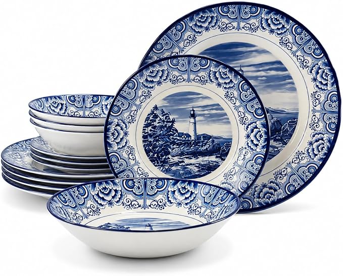 Tudor Royal 12-Piece Round Porcelain Dinnerware Set, Service for 4 - Light House Dark Blue Design, Plates Bowls Dishes, Premium Quality Tableware, Unique Pattern, Glossy