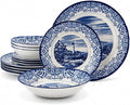 Tudor Royal 12-Piece Round Porcelain Dinnerware Set, Service for 4 - Light House Dark Blue Design, Plates Bowls Dishes, Premium Quality Tableware, Unique Pattern, Glossy