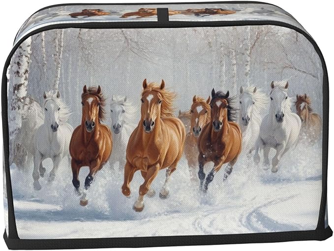 2 Slice Toaster Cover for Kitchen Horses Snow Winter Waterproof and Dustproof Oxford Fabric Toaster Dust Cover with Side Pockets Decorative Universal Cover for Wide Slot Toasters and Small Appliances
