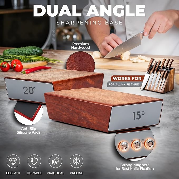 Knife Sharpener Tool - Rolling Knife Sharpener - 400/1000/3000 Grit Diamond & Ceramic Discs, 15° & 20° Angles, Leather Strop & Anticut Gloves | Knife Sharpener for Chef, Santoku, & Utility Knives