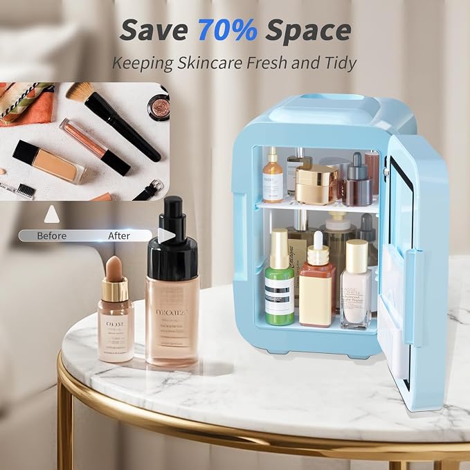 OSTBA Skincare Fridge Mini Fridge for Bedroom with Dimmable LED Mirror, 4Liter/6 Cans Cooler and Warmer for Makeup, Cosmetic, Beauty, Portable Refrigerator for Bedroom, Vanity, Office and Car