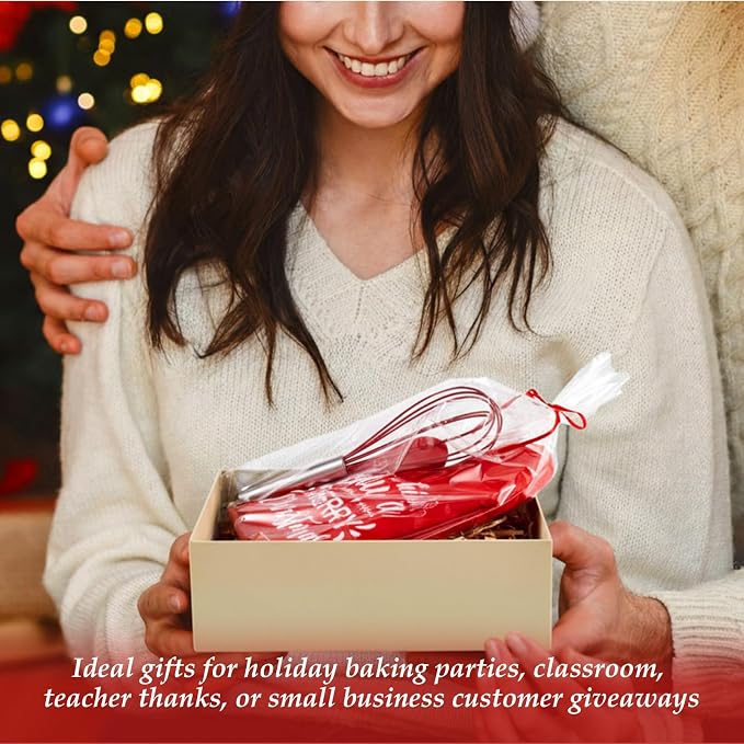 LemonRoad 12 Sets Christmas Whisk Baking Gift Set Xmas Silicone Whisks Oven Mitt Pot Holder Greeting Cards Ribbon Bags for Holiday Kitchen Utensils Cooking Supplies Neighbor Gift(Exquisite,Red)