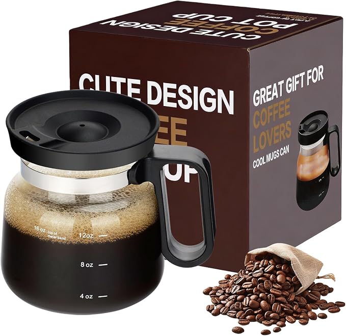 Coffee Pot Mug with Lid,16Oz Mini Glass Coffee Pot Coffee Mug with Spill Proof Lid & Heat Proof, Novelty Coffee Pot Cup for Coffee Lovers Gifts (1PC)