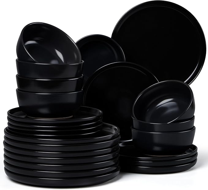 LIANYU Dinnerware Plates and Bowls, 24 Piece Stoneware Ceramic Dishes Set for 8, Dishwasher and Microwave Safe Dinning Ware Set, Dinner Salad Plates and Cereal Bowls, Scratch Resistant, Black Onyx
