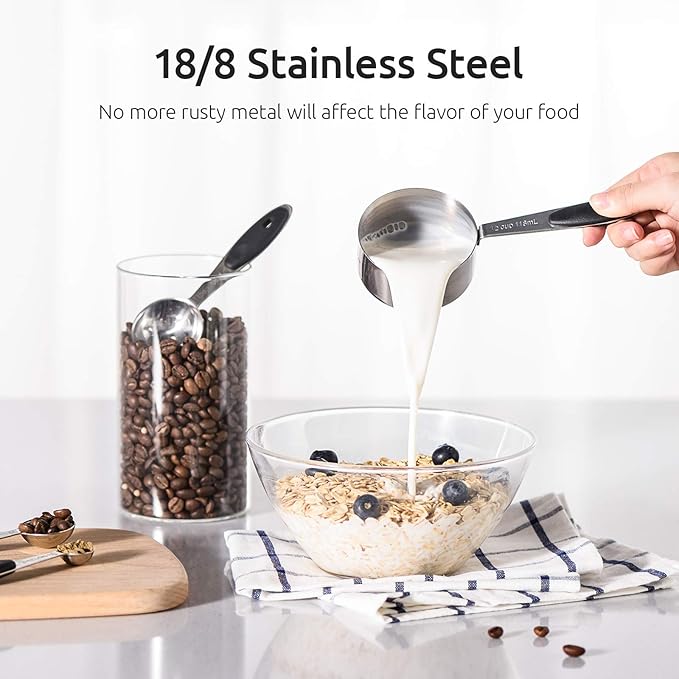 U-Taste 18/8 Stainless Steel Measuring Cups and Spoons Set of 10 and 12.6in Stainless Steel Danish Dough Whisk (Black)