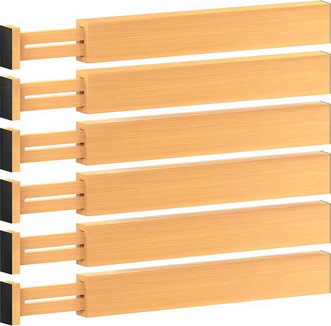 6-Pack Bamboo Drawer Dividers - 2.6 in High, Adjustable 16 to 22 in Expandable Drawer Organizers and Dresser Separators for Clothes, Bedroom, Bathroom, Kitchen, and Office Organization and Storage