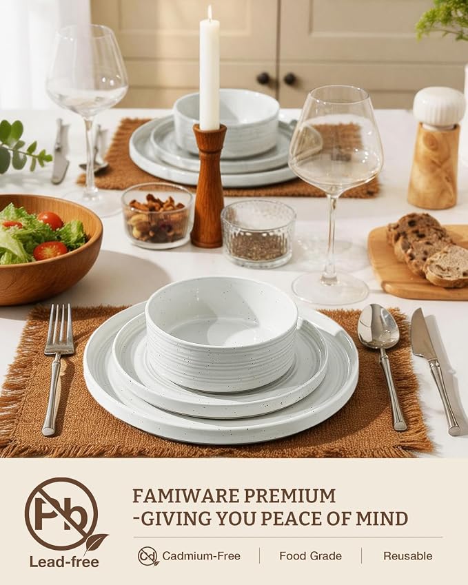 Stoneware Dinnerware Sets for 6, 18-Piece High Edge Plates and Bowls with Speckled Glaze & Spiral Design - Chip & Scratch Resistant, Microwave & Dishwasher Safe - Gift Box, White