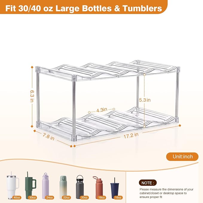 Large Compartment Water Bottle Organizer, Stackable Water Bottle Holder for Stanley 40 oz Tumbler, Clear Tumbler Organizer for Cabinet, Kitchen Pantry or Countertop, 3 Pack (2 Pack)