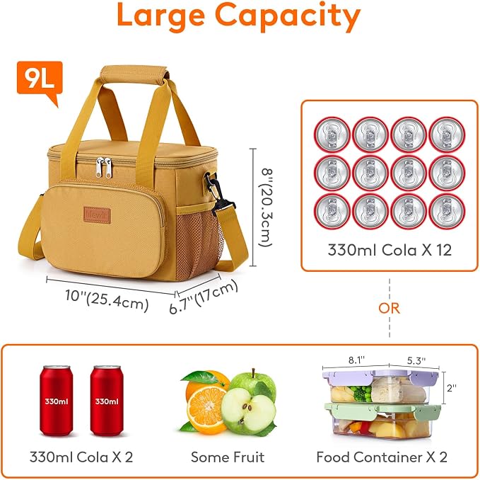 Lifewit Medium Lunch Bag, Insulated Lunch Box, Soft Cooler Cooling Tote for Adult Men Women, Brown 12-Can (9L)
