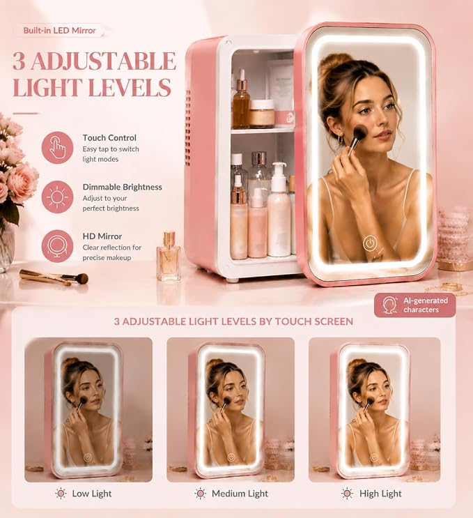 4 L / 6 Cans mini skincare fridge with Dimmable LED Light Mirror, Mini Fridge for Skin Care, Cosmetics, Beverage, Beauty Fridge for College Dorm, Office, Home, Car, Travel cooler and warmer (pink)