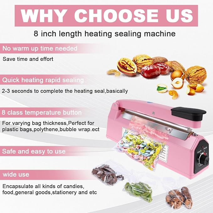 8 Inch Impulse Sealer, Manual Heat Sealer Machine for Mylar Bags, Shrink Wrap Bag Sealers Sealing Machine for Plastic PE PP Bags with 3 Free Replacements Kit Element Grip, Pink