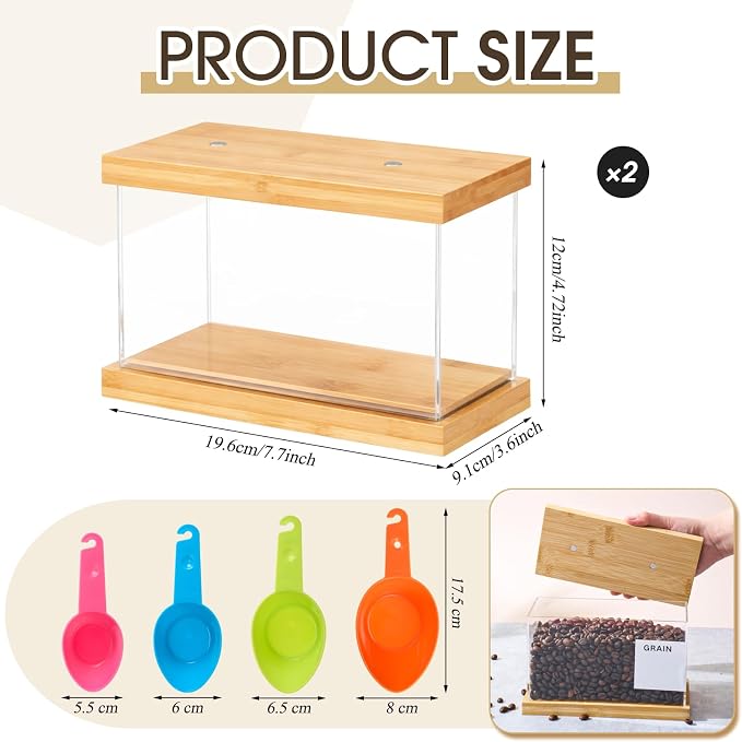 2 Pcs 2L Bamboo Food Dispenser Kitchen Organizers and Storage with Labels Airtight Pantry Organizers and Storage Container with Measuring Cups for Cereal, Rice, Flour, Sugar, Snack