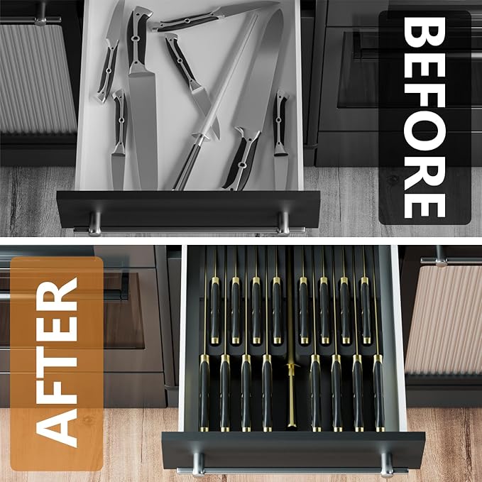 Domax Bamboo In-drawer Knife Block - Kitchen Knife Drawer Organizer Insert, Knife Holder without Knives Large, Drawer Knife Organizer Fits for 16 knives and 1 Sharpening Steel (Not Included), Black