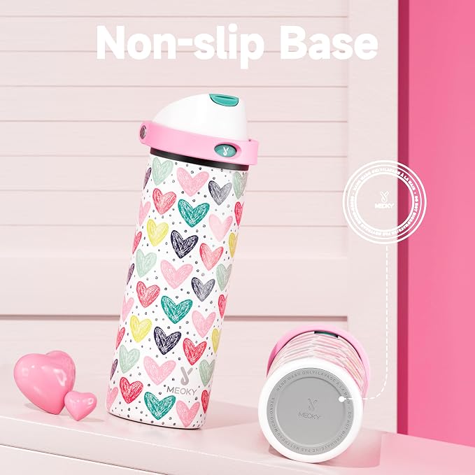 24 oz Valentine's Day Water Bottle: Meoky Stainless Steel Water Bottle with Straw and Spout Lid - Leak Proof, Cold for 24 Hours, Fits in Car Cup Holder, Valentines Day Gifts for Him Men Husband, Heart