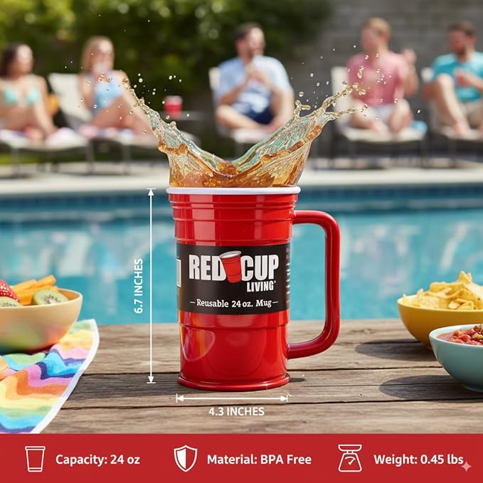 Red Beer Party Mug Glass Tumbler 6 Pack |Unbreakable Cups Beer Stein Reusable Drinking Supplies Birthday, Anniversary, Big Grip Tumbler Travel Outdoors | Dishwasher Safe Party Essentials