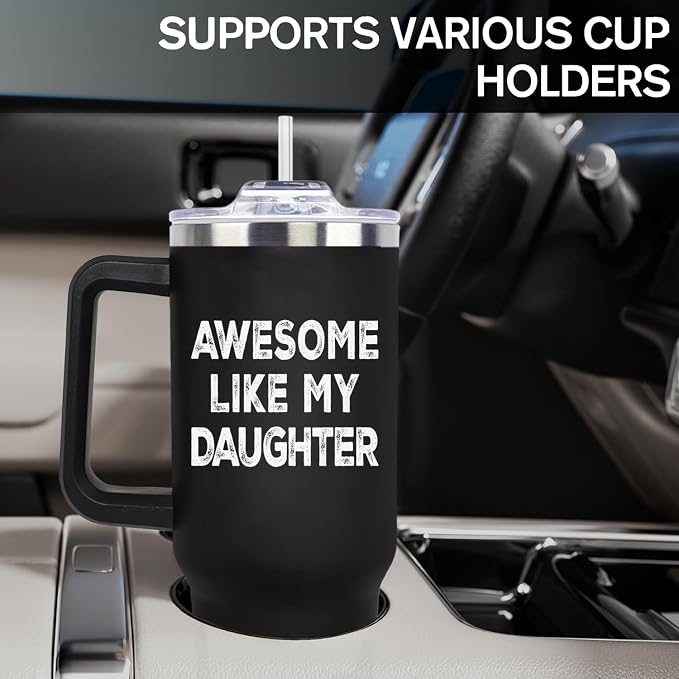 LHSCVUFASC Birthday Gifts for Dad from Daughter, Father's Day Christmas Gift for Dads Husband Men, Awesome Like My Daughter Cup, 40oz Stainless Steel Tumbler with Handle and Straw Lid