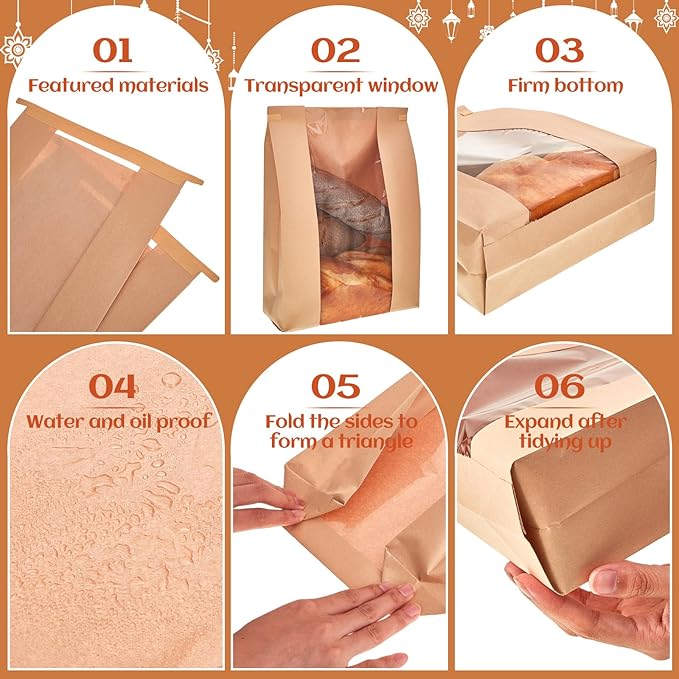 Honoson 300 Pcs Large Paper Bread Bags for Homemade Gift Giving, Sourdough Bread Bags with Window, Bakery Storage Tin Tie Tab Lock Cookie Packaging with Label Seal Stickers (Cute Style)