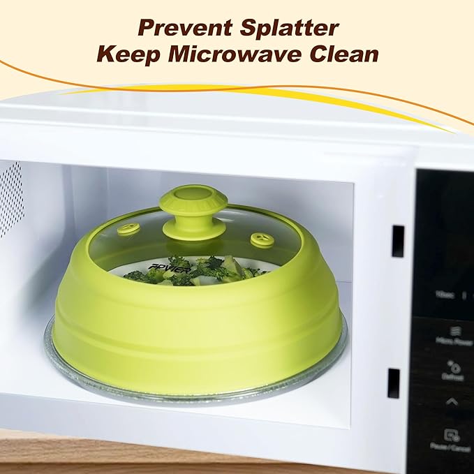 Microwave Splatter cover, Glass Microwave Cover for Food, 11.8 inch Guard Lid with Collapsible Silicone for 6-11 inch Plates & Bowls, Dishwasher Safe, 450°F Heat Resistant, BPA-Free, Green