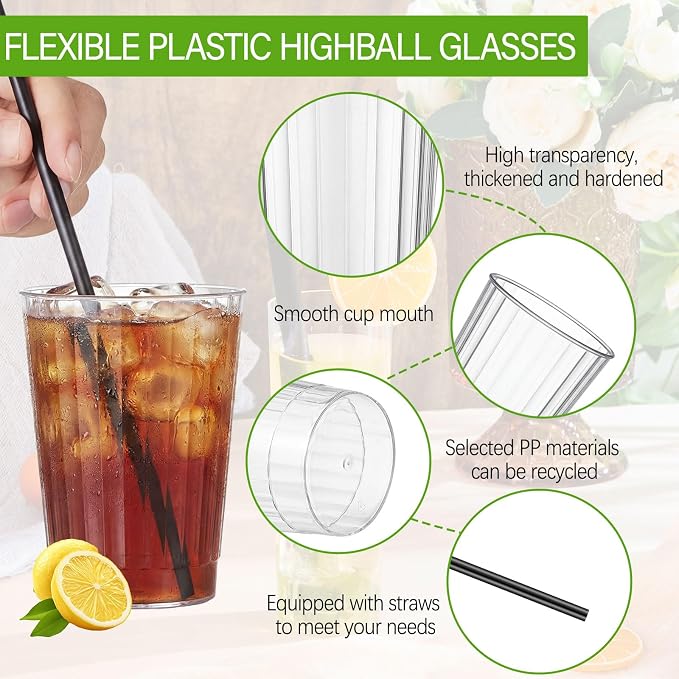 Plastic Highball Glasses with Straws(set of 48), 12 oz Shatterproof Drinking Cups, Collins Whiskey Glass Ribbed Cup, Smoothie Mojito Cocktail Tumbler for Wedding Spring Summer Party